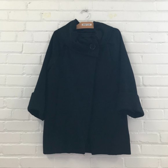 AMERICAN RETRO black 100% wool asymmetrical coat funnel collar trench jacket - Picture 1 of 4